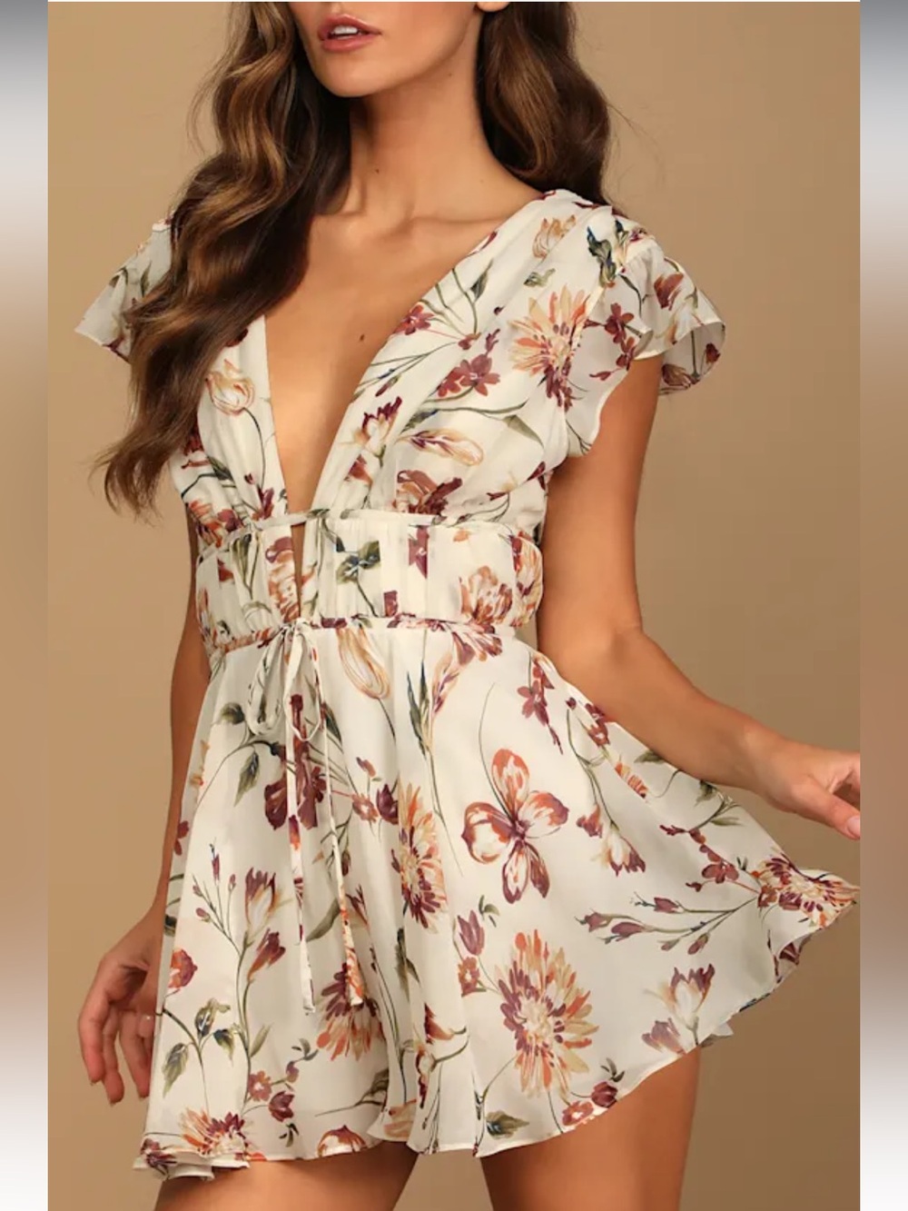 Lulu's Flirty Ways Cream Floral Print Flutter Sleeve Romper Large